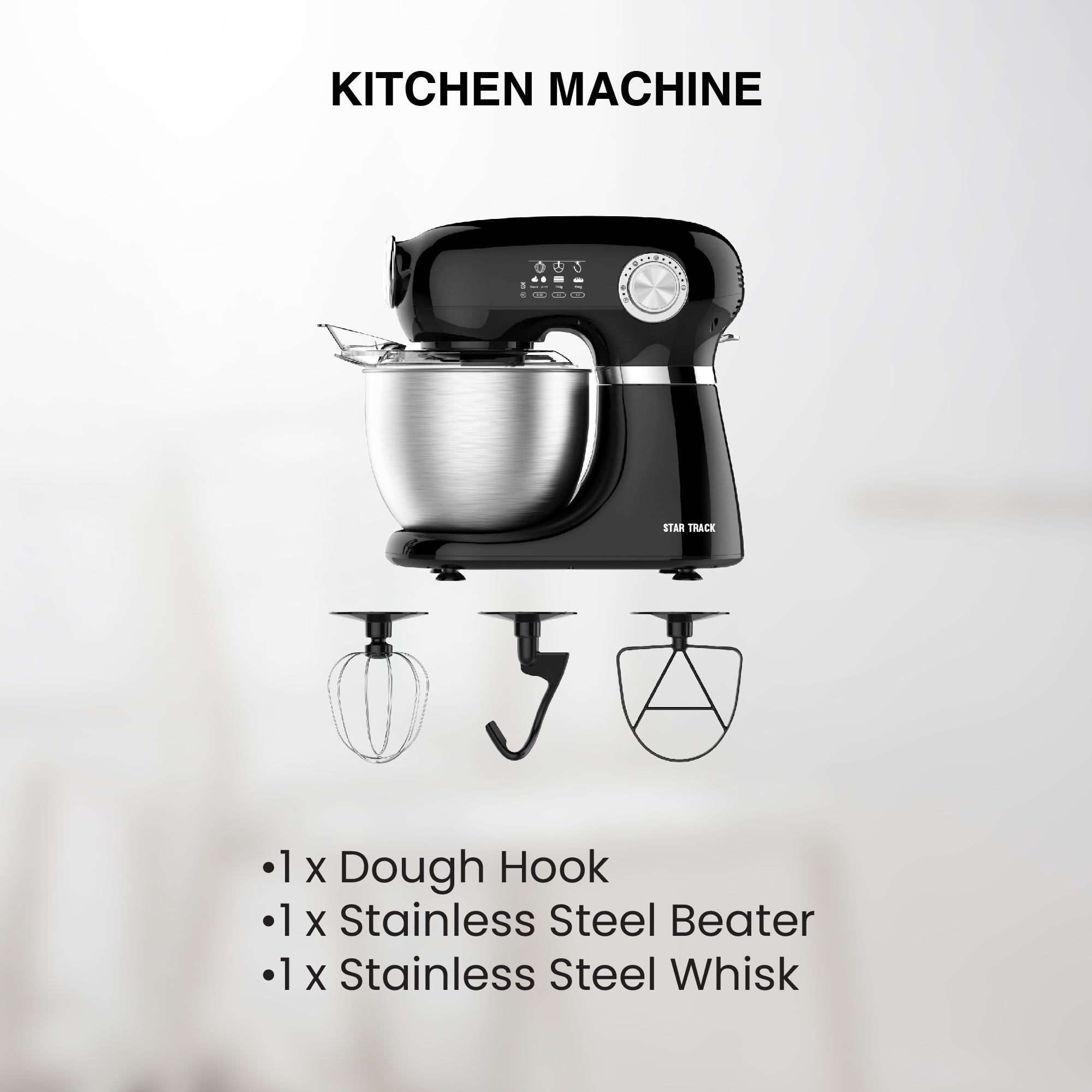 STAR TRACK Kitchen Machine, 1000W, 5.0L Stainless Steel Bowl, Dough Hook, Beater & Whisk, Premium Quality