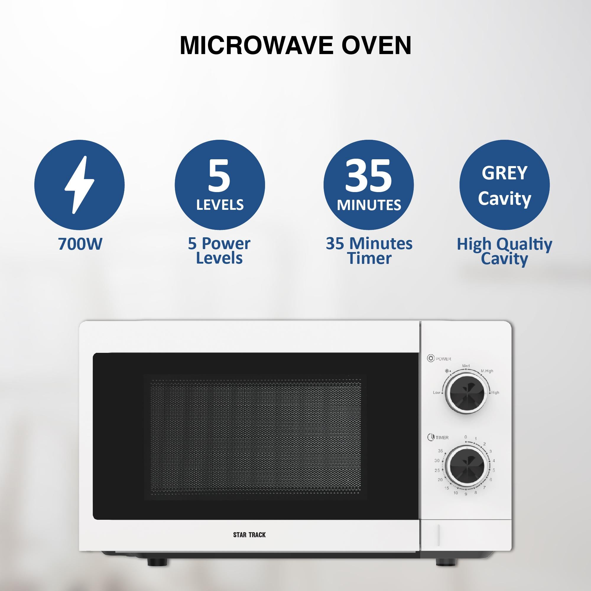 STAR TRACK 20L Mechanical Microwave Oven, 700W, 5 Power Levels, Push Button, Turntable Tray, Grey Cavity, BS Plug