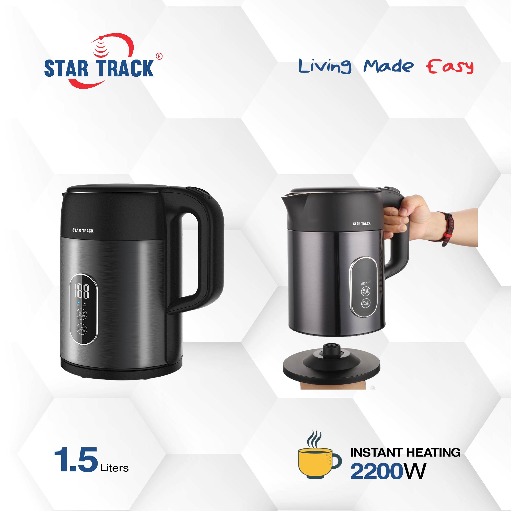 STAR TRACK 1.5L Electric Kettle, 2200W, Instant Heating, Temperature Selection, Boil-Dry Protection, and SS Lid Cover