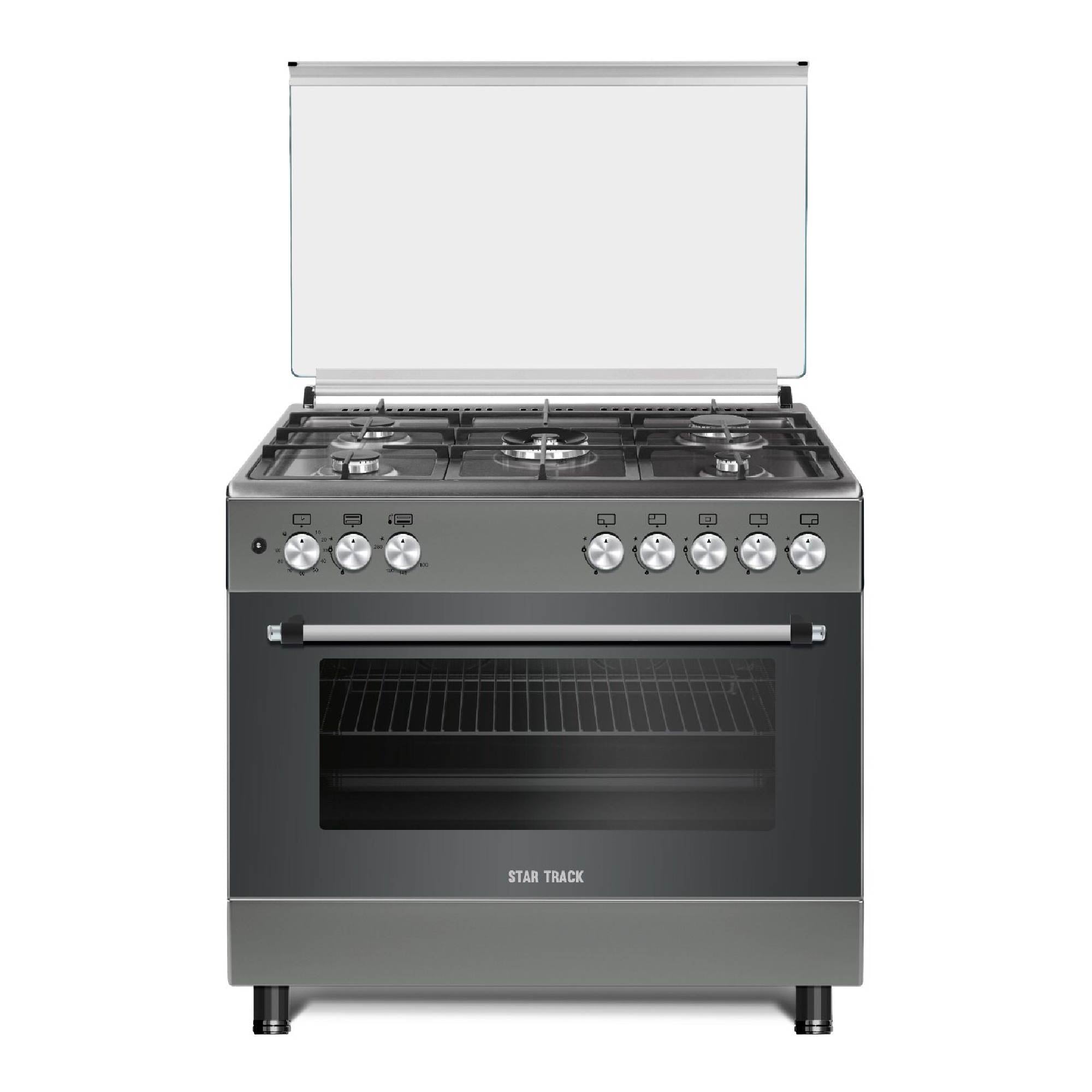 STAR TRACK Freestanding Gas-Cooker 5-Burner Full-Safety,(Full Sabaf) Steel Cooker, Gas Oven with Rotisserie, Automatic Ignition