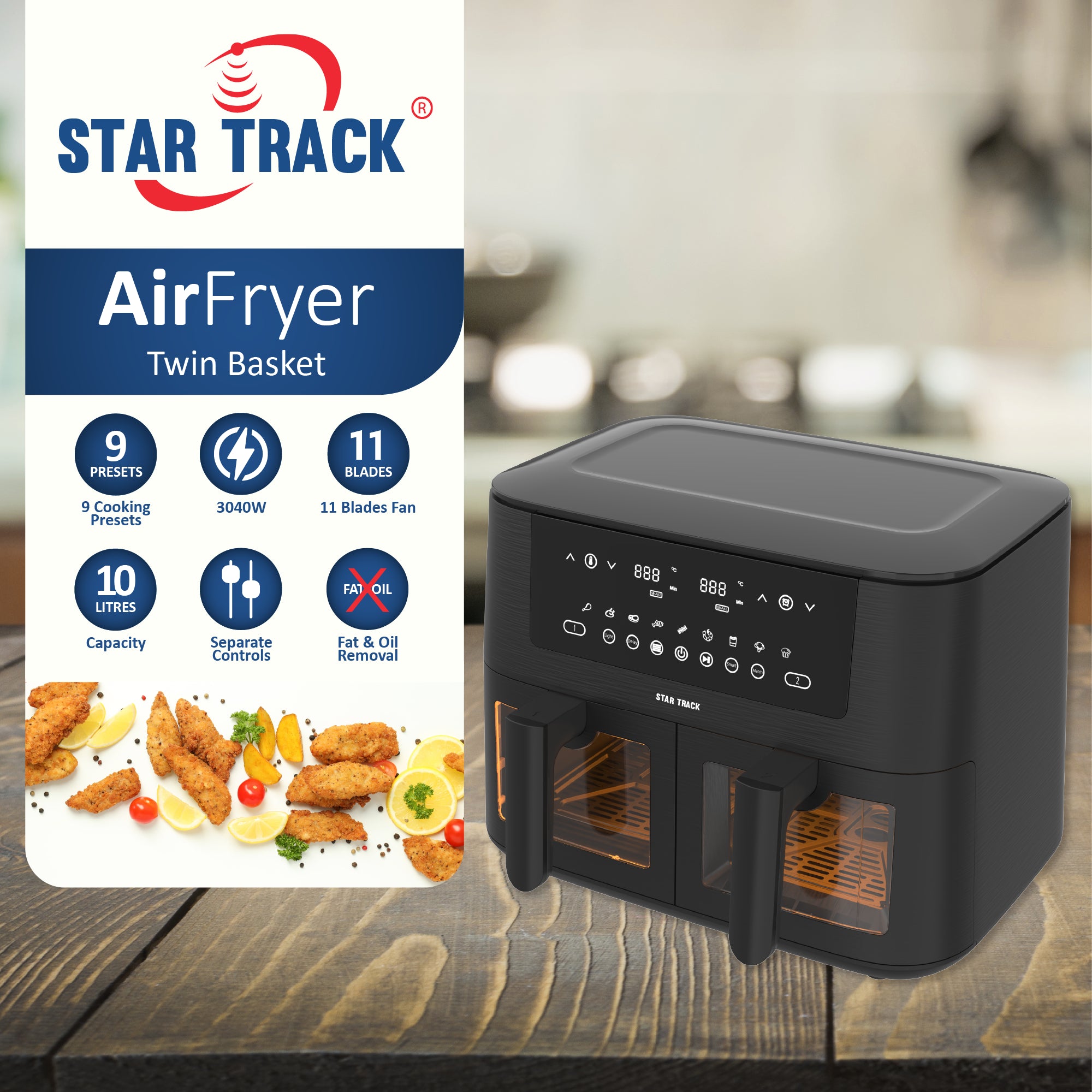 STAR TRACK Air Fryer 10 liters, 9 Blades Fan, 3040W, 9 Cooking Preset