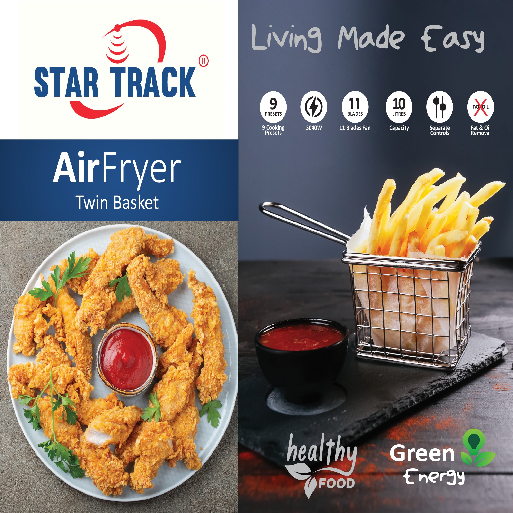 STAR TRACK Air Fryer 10 liters, 9 Blades Fan, 3040W, 9 Cooking Preset