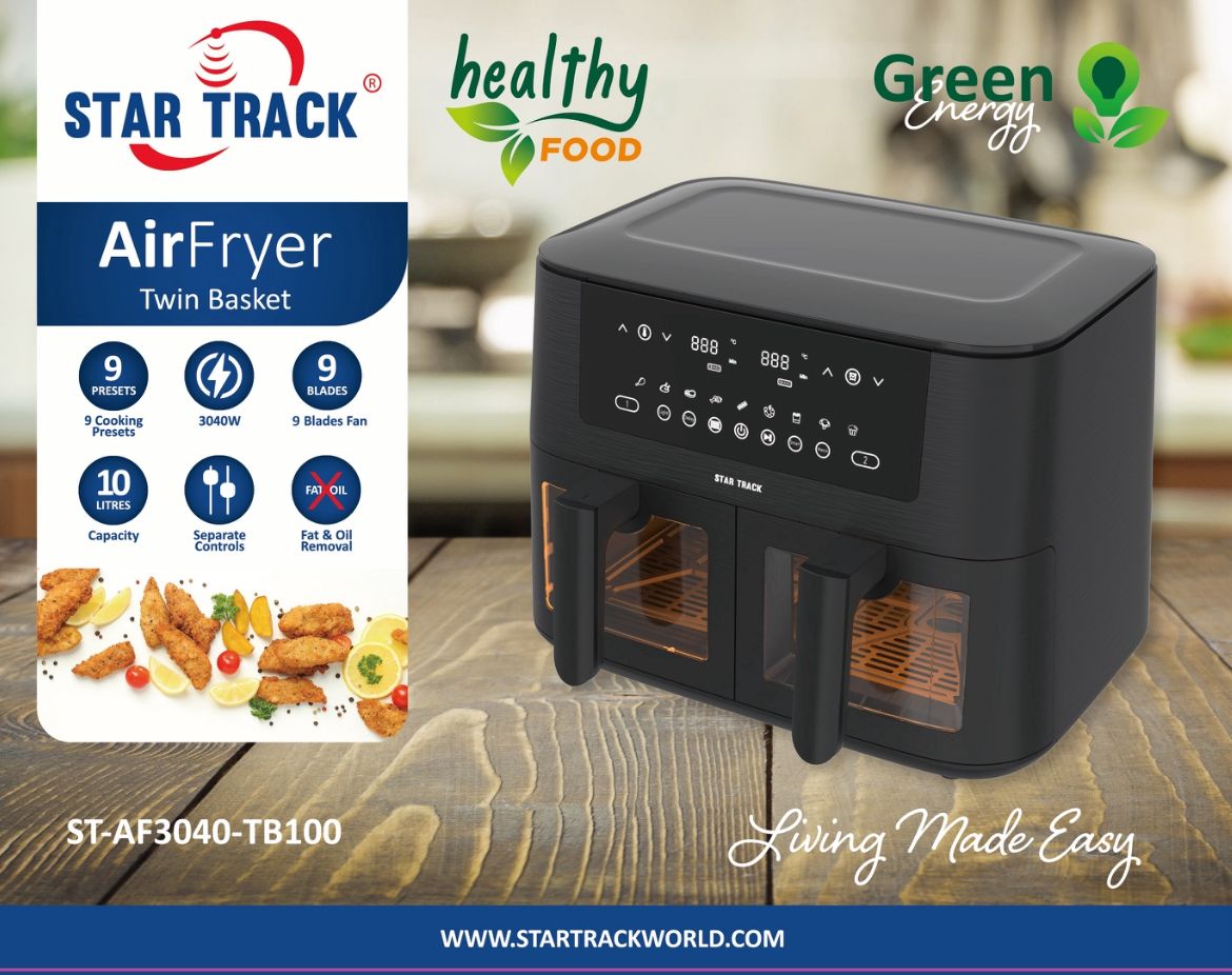 Star Track Air Fryer ST-AF1650-SB72 has Capacity of 7.2 litres has 9 Blades Fan 1650W has Touch Control Function has 11 Cooking Preset Elegant Design For Home