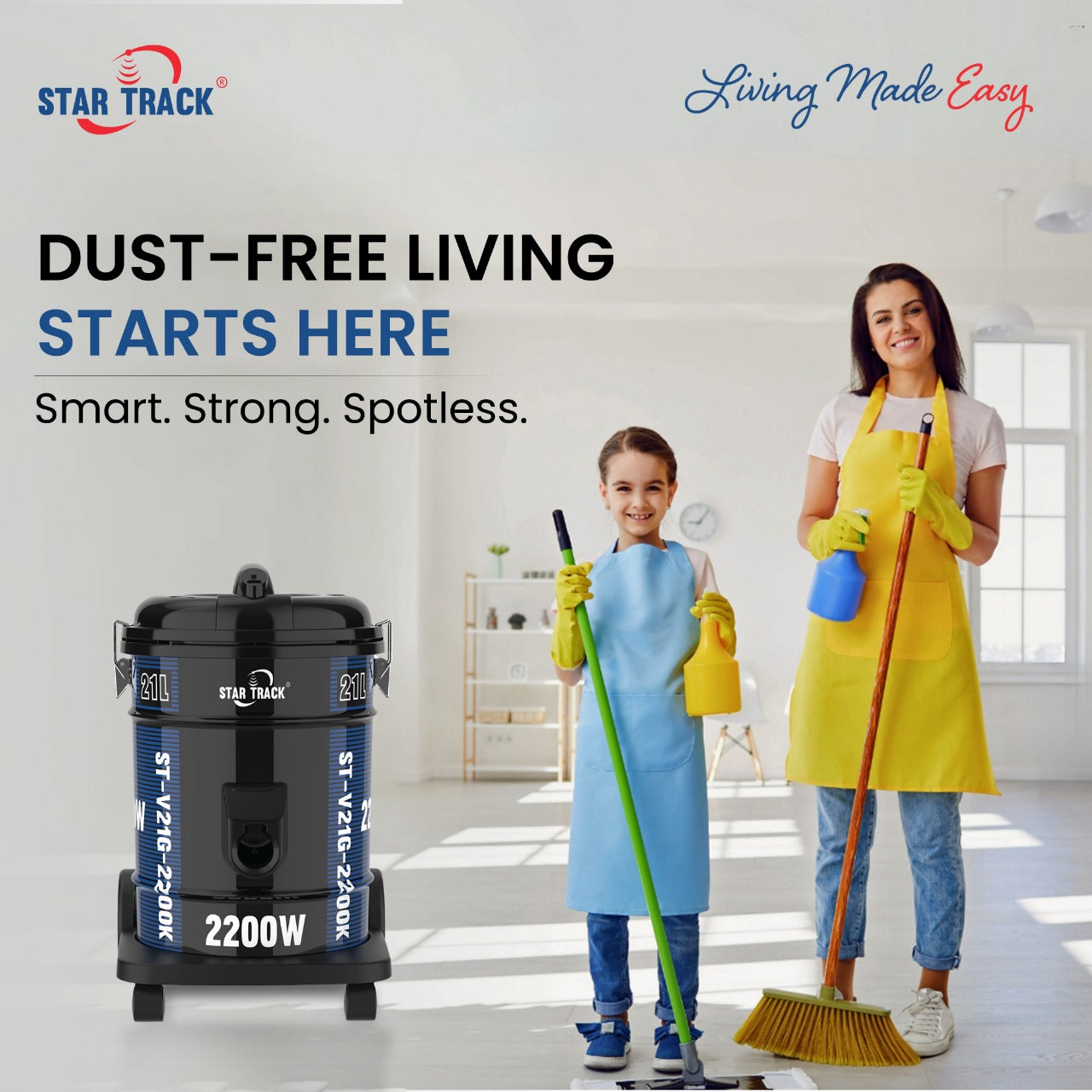 STAR TRACK 21L Vacuum Cleaner, 2200W Power, 7m Cable, Telescopic Tube, 100% Copper Motor