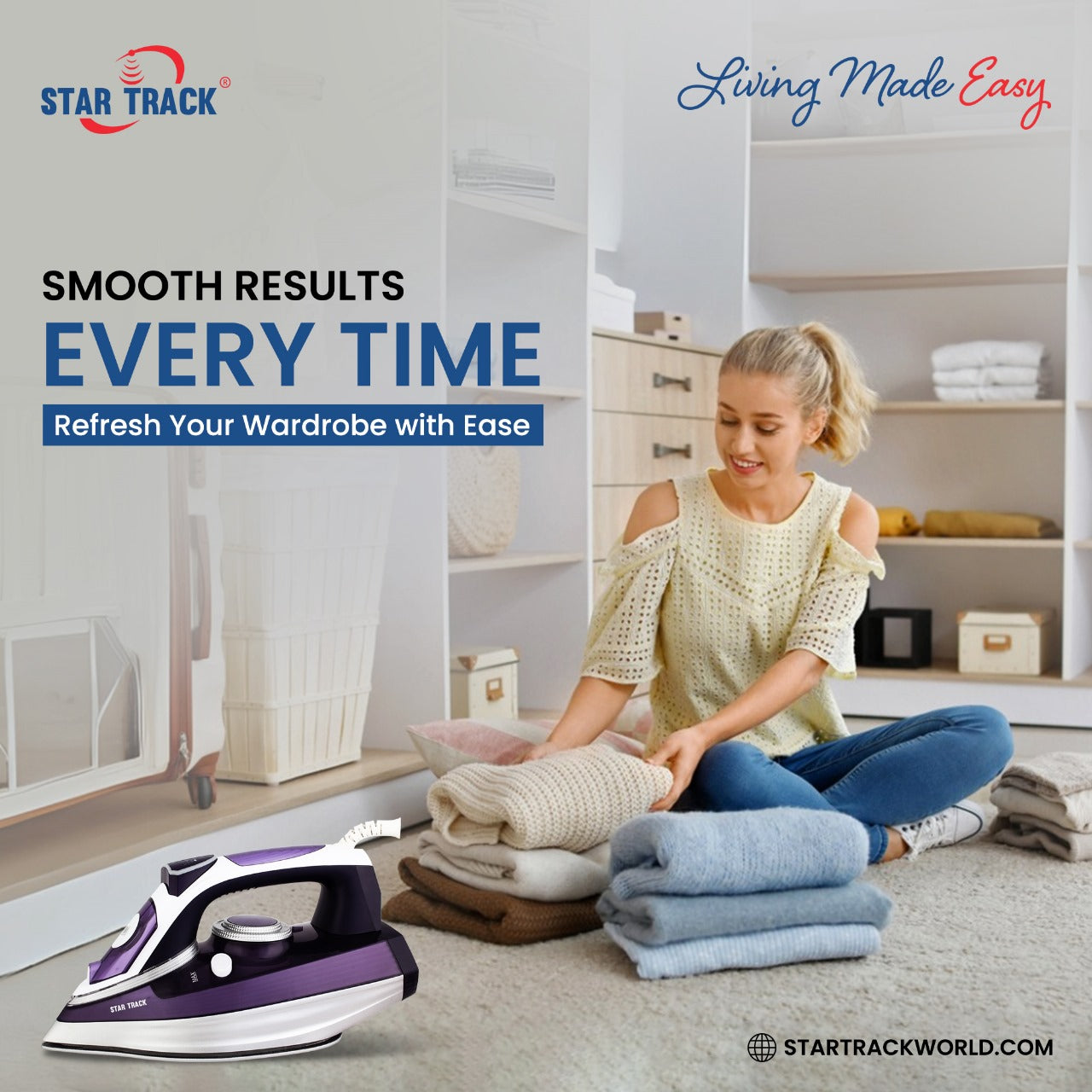 STAR TRACK Steam Iron 3000W, PG, 300ml, double ceramic coating, Auto shut, Anti drip function, Self cleaning mode