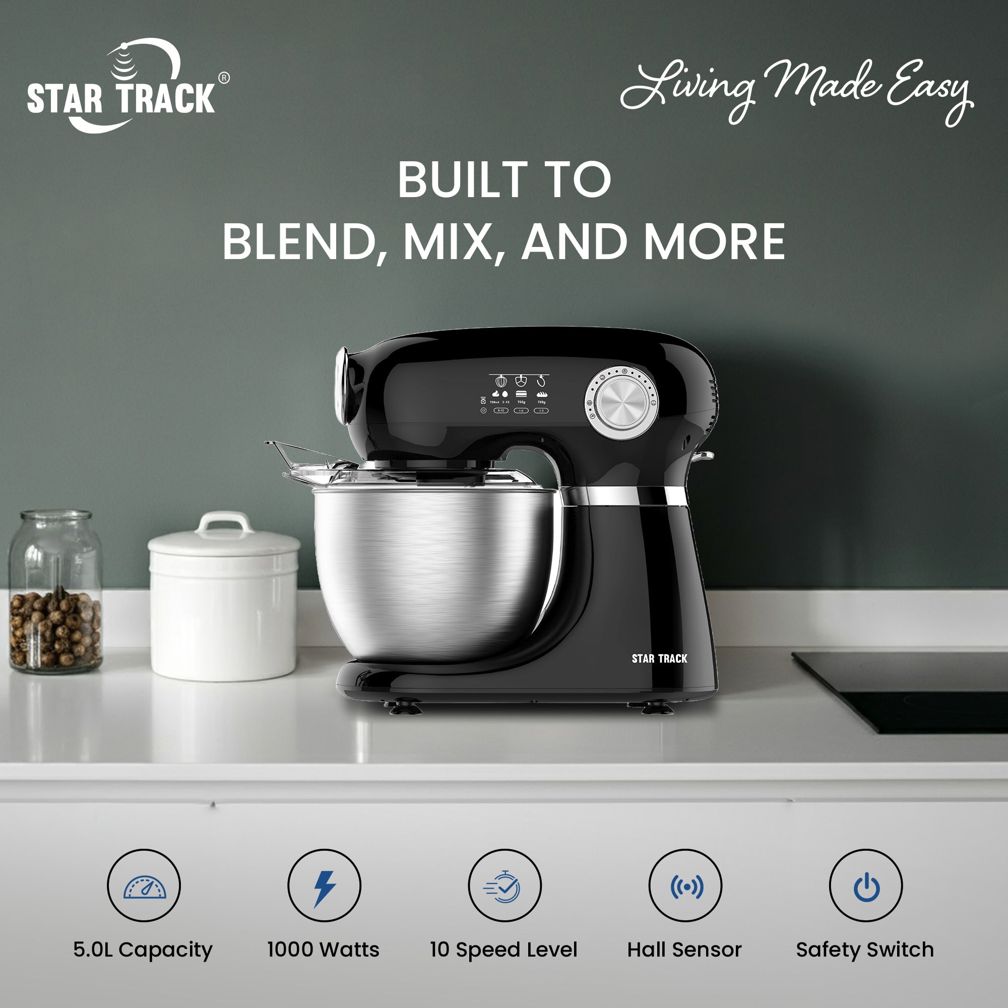 STAR TRACK Kitchen Machine, 1000W, 5.0L Stainless Steel Bowl, Dough Hook, Beater & Whisk, Premium Quality