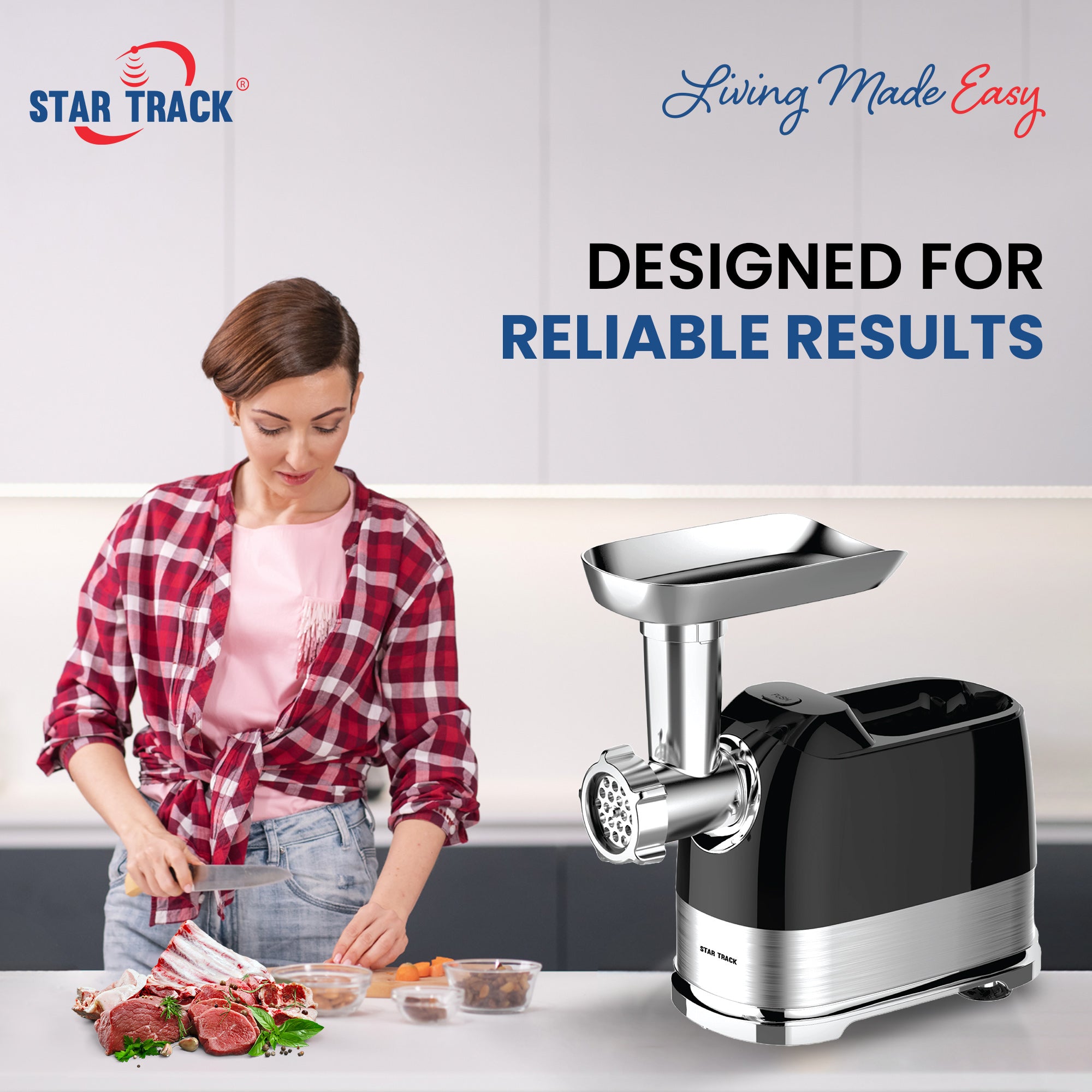 STAR TRACK Meat Grinder, 1300W Lock Power, 100% Copper Motor, Stainless Steel Body, Sausage Nozzles & 2x Shredding/slicing Blades, Aluminum Premium Quality